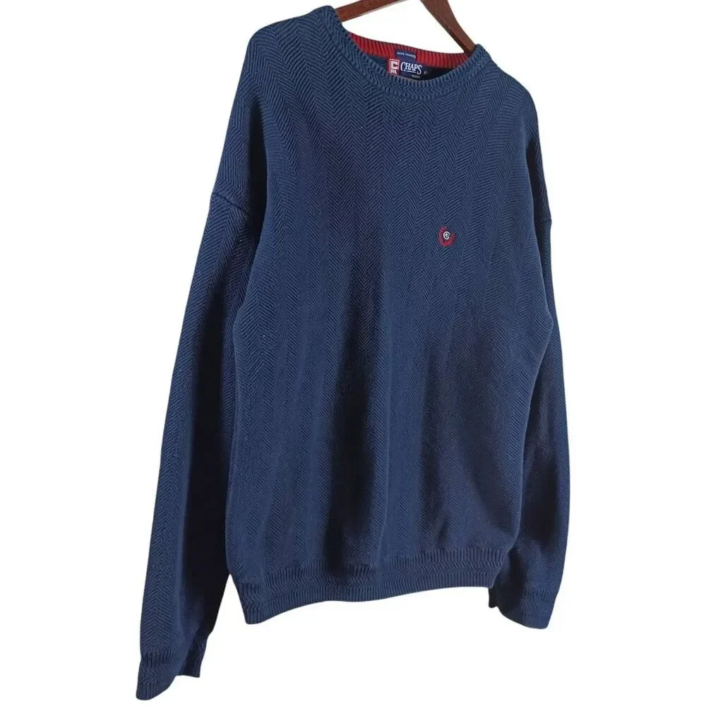 Vtg Chaps Ralph Lauren Sweater XXL Blue Herringbone Knit CRL Crest Hand Framed